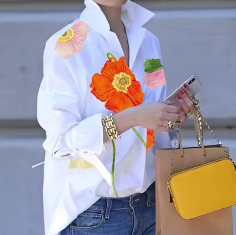 Women's Shirt Spring and Autumn Fashion Lapel Collar Long Sleeves Floral Print - Picture 3 of 4